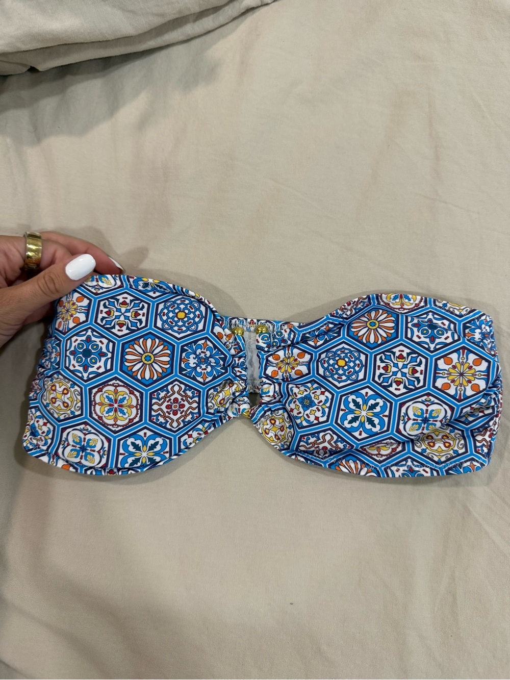 SOLID & STRIPED Mosaic-Print Bandeau Bikini Top in Blue and White